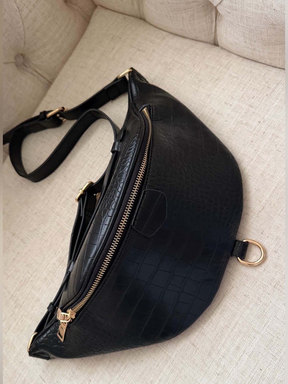 Black Croc-Embossed Leather Crossbody Belt Bag